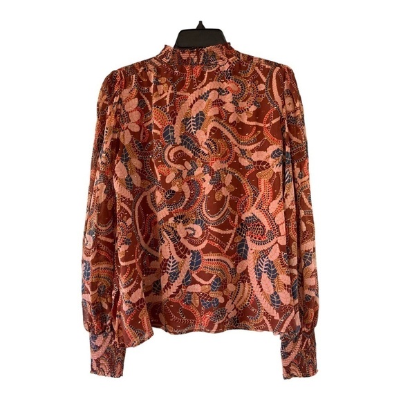 A.L.C. Silk Chiffon Metallic Thread Keyhole blouse High Neck Botanical Print - Picture 3 of 11